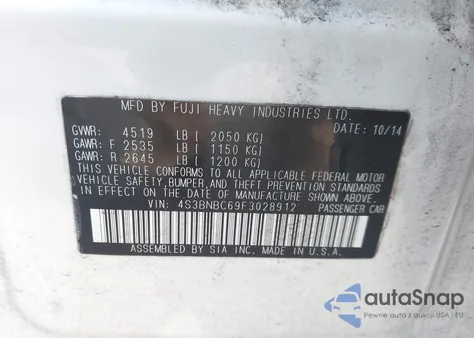 2015 Subaru Legacy 2.5I Premium z USA, uszkodzony, nr VIN 4S3BNBC69F3028912